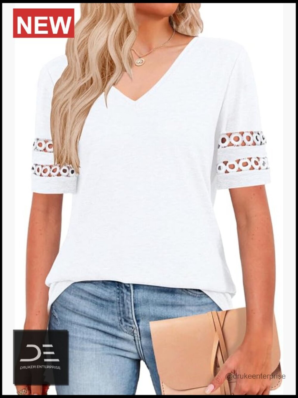V Neck Short Sleeve Lace Detail T-Shirt Summer Casual Top Blouse